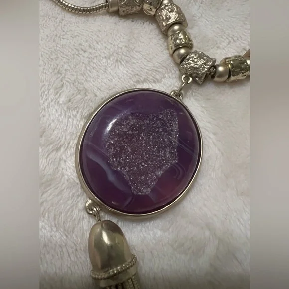 Purple geode gold statement beaded necklace chicos long acrylic pendant - Picture 2 of 2